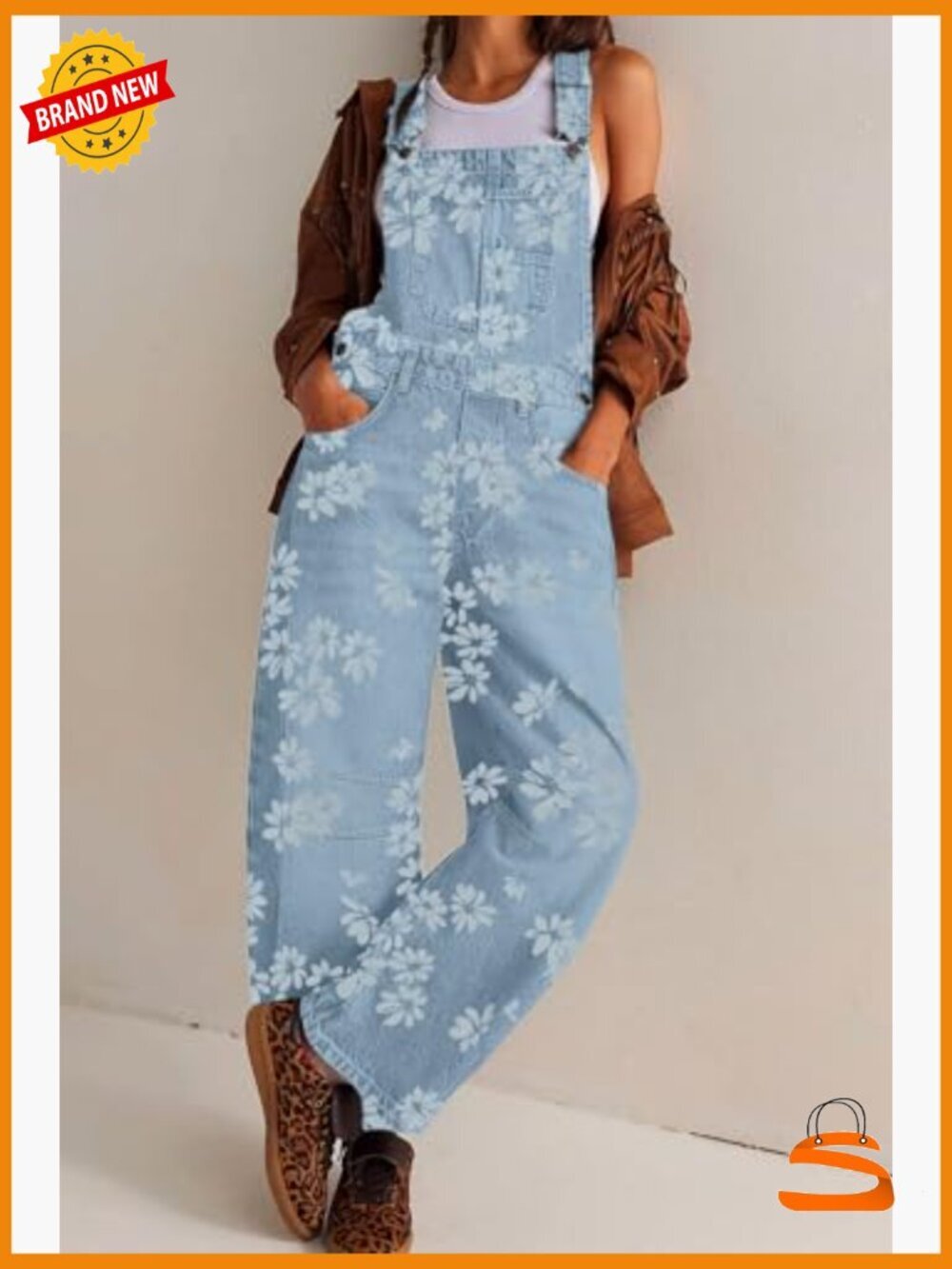 Floral Print Denim Overalls Baggy Barrel Jeans Y2K Wide Leg Jumpsuit One Piece - Picture 2 of 7